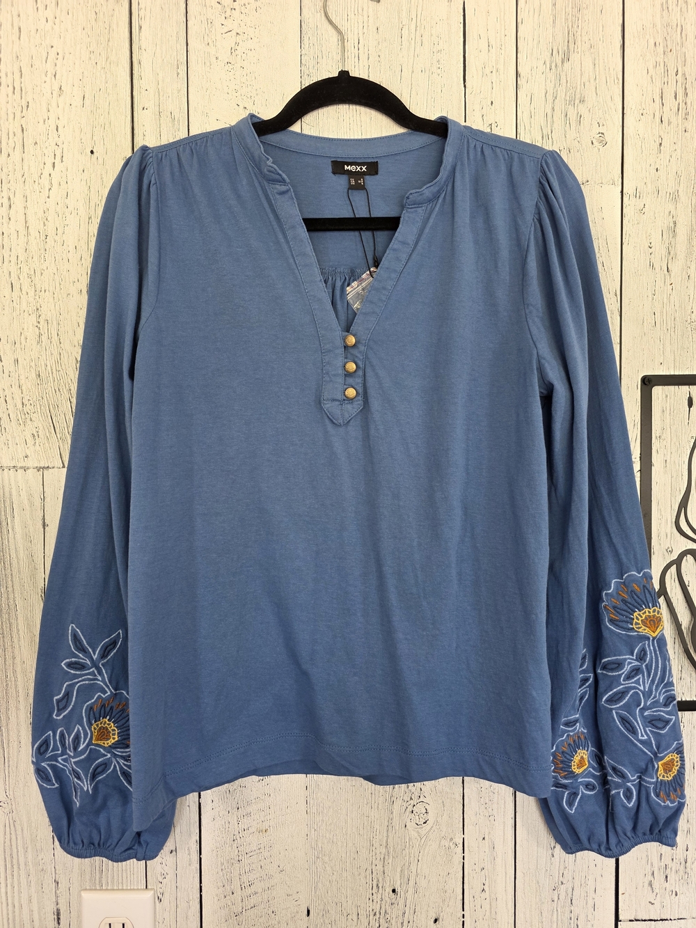 Mexx Blue Embroidered Balloon Sleeve Top Size Small NWOT Casual Fall Fashion